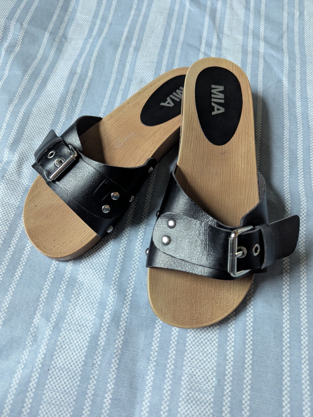 MIA Black Buckle Slide Mules with Stud Accents
